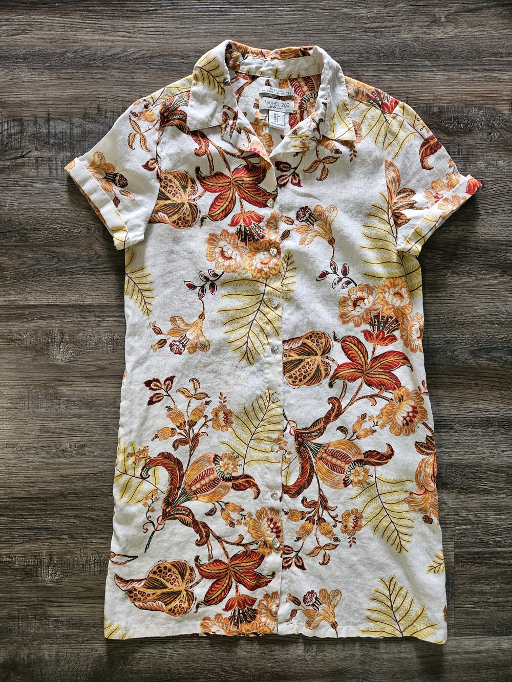 Rachel Zoe 100% Linen Floral Mini Buttoned Shirt Dress